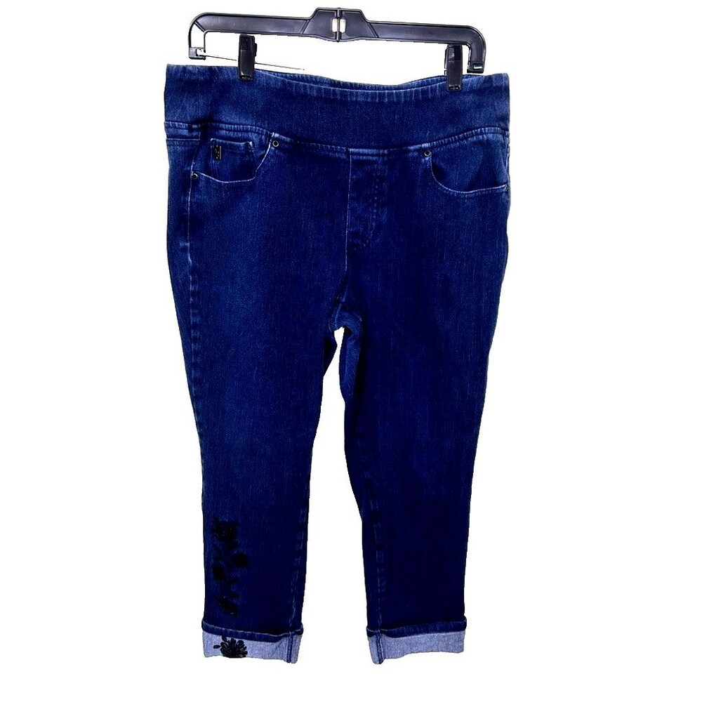 Belle Kim Gravel Dark Indigo Denim Flexibelle Embroidered Rose Ankle Jean